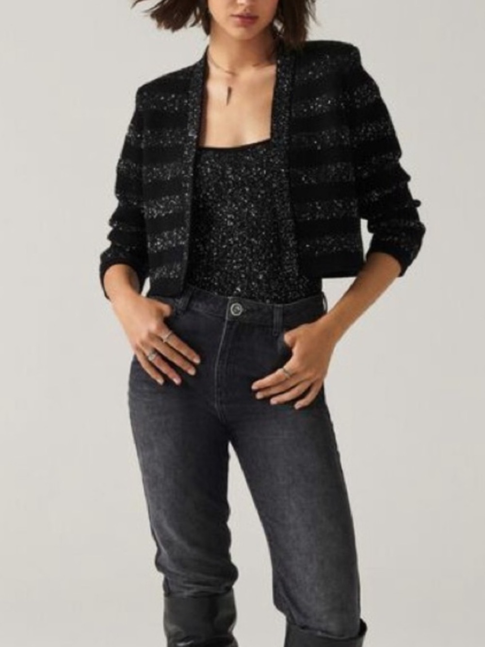 ba&sh Trevis Black Cardigan Metallic Sequin Striped Crop XS
